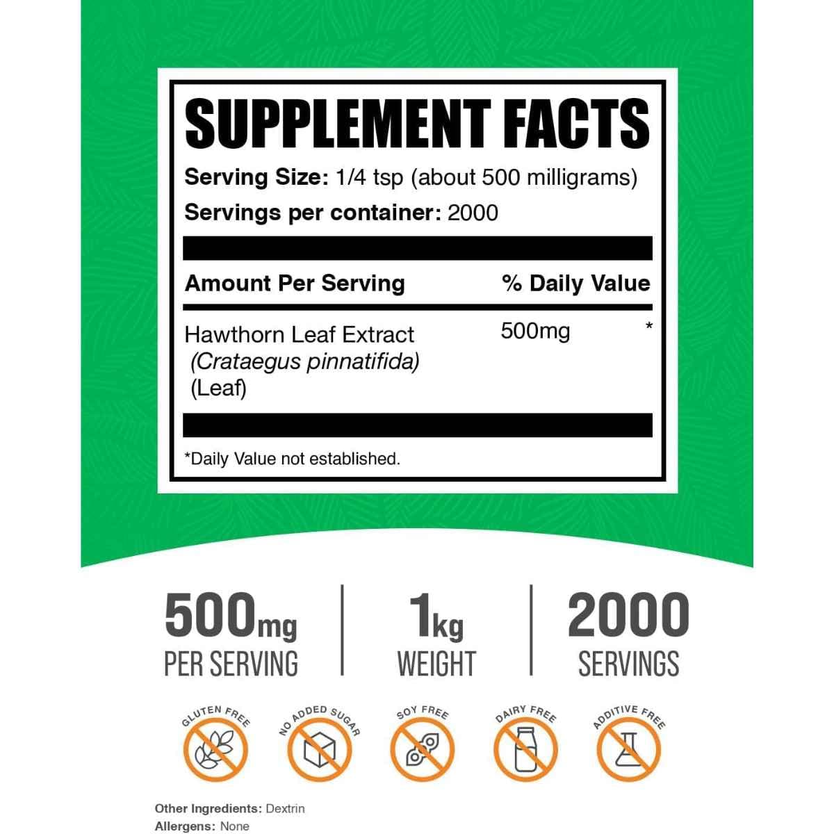 Tabla nutricional del suplemento BulkSupplements.com Extracto de Hoja de Espino en polvo 1000g