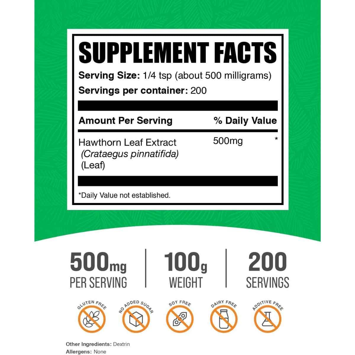 Tabla nutricional del suplemento BulkSupplements.com Extracto de Hoja de Espino en polvo 100g