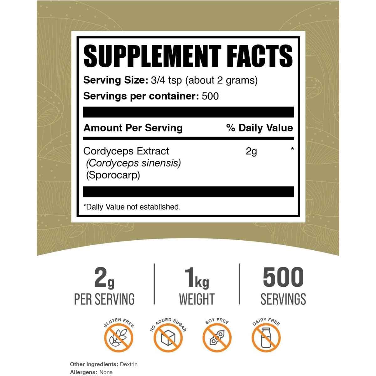 Tabla nutricional del suplemento BulkSupplements.com Extracto de Hongo Cordyceps 1000 g