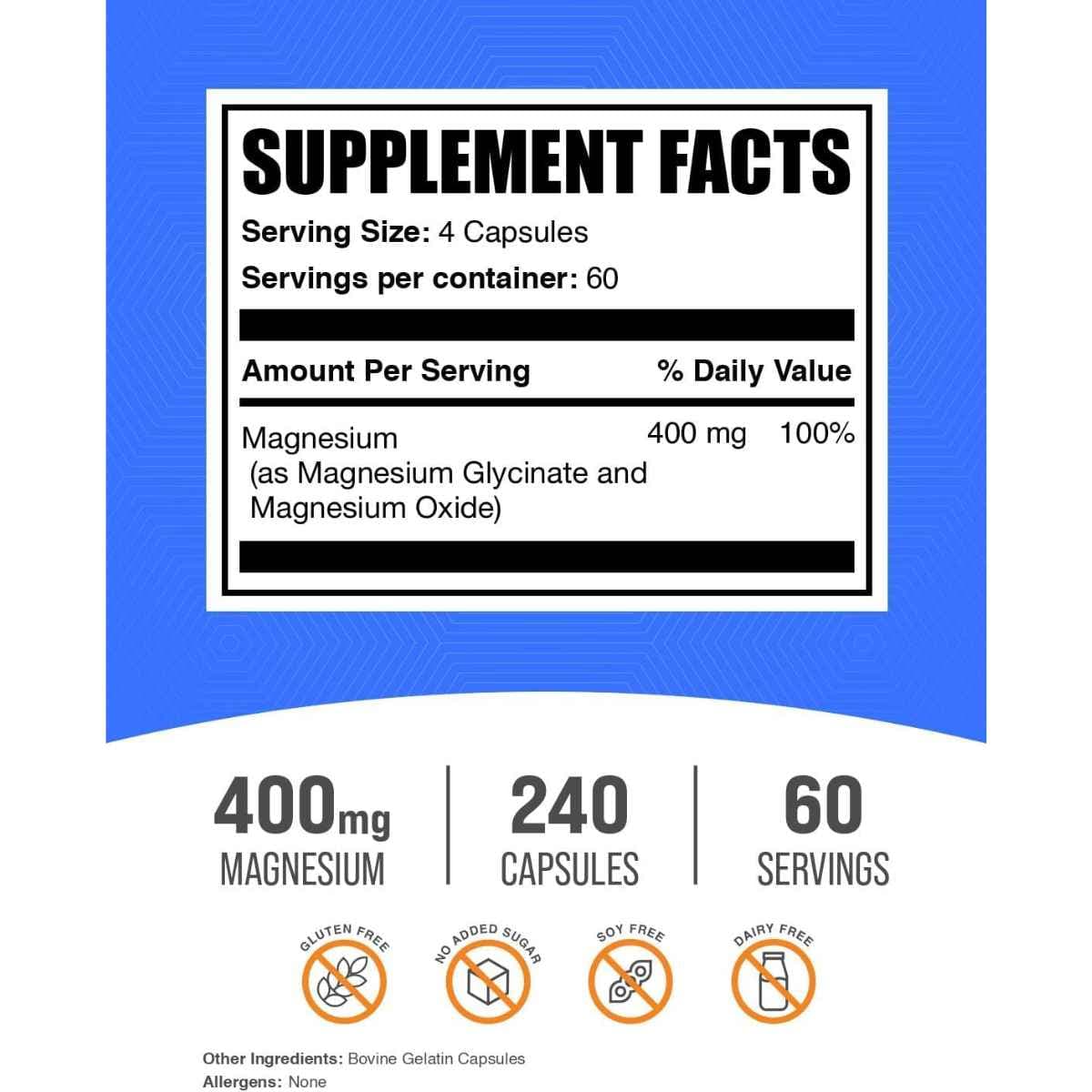 Tabla nutricional del suplemento BulkSupplements.com Glicinato de Magnesio 400 mg 240 Cápsulas