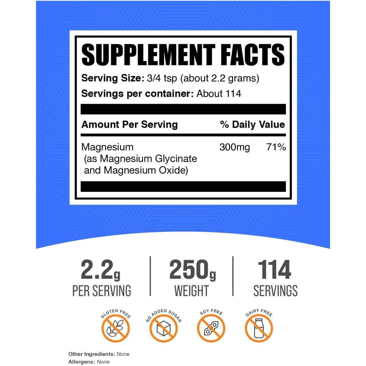 Información del suplemento de BulkSupplements magnesio en polvo 250 g