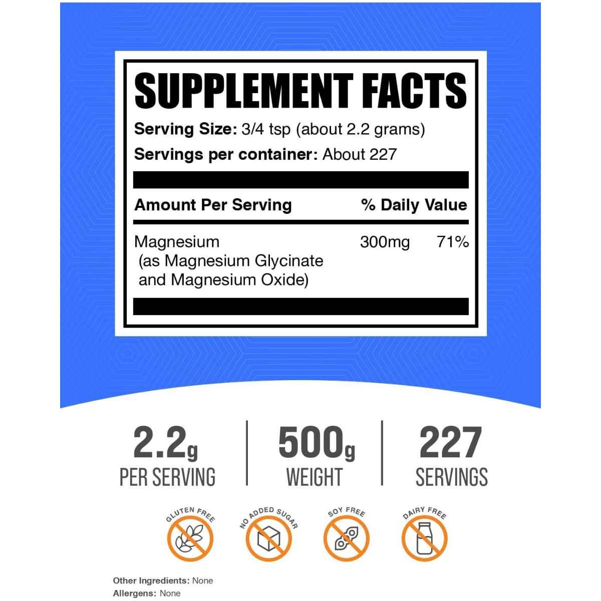 Información del suplemento de BulkSupplements magnesio en polvo 500 g