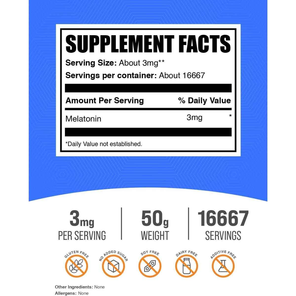 Tabla nutricional del suplemento BulkSupplements Melatonina en polvo 50 g