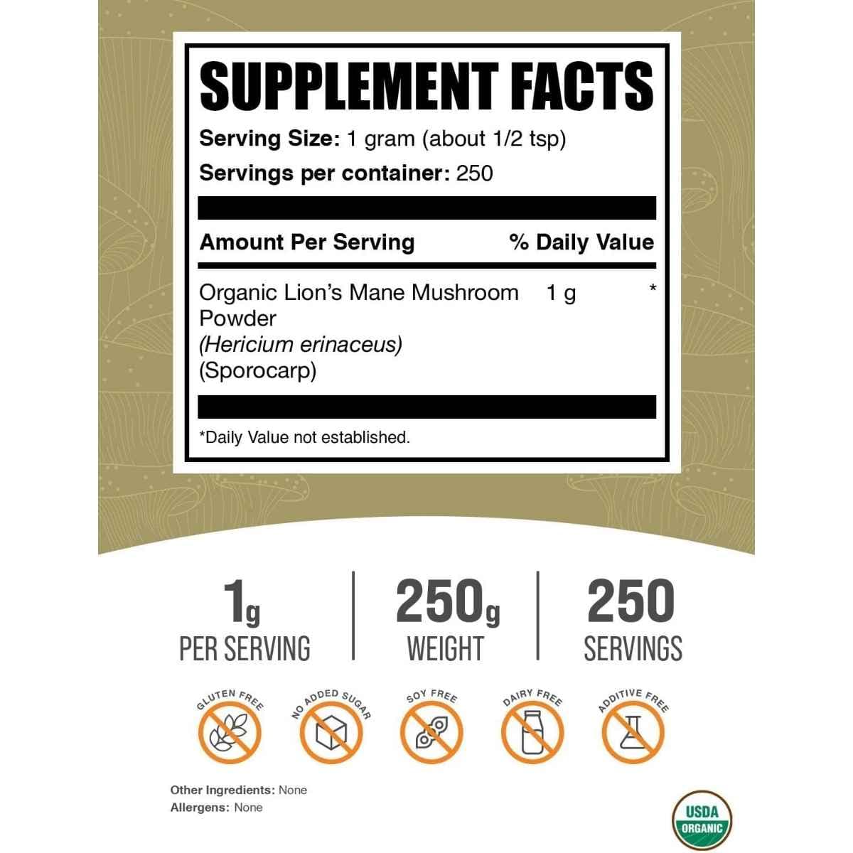 Tabla nutricional del suplemento BulkSupplements.com Melena de León Orgánica 250g polvo