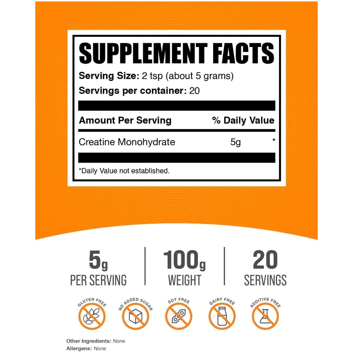 Tabla nutricional del suplemento BulkSupplements Monohidrato de Creatina Micronizado 100g