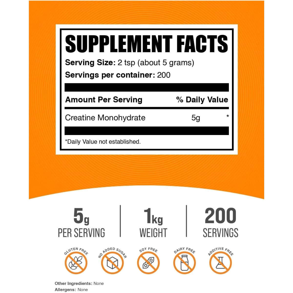 Tabla nutricional del suplemento BulkSupplements Monohidrato de Creatina Micronizado 1kg