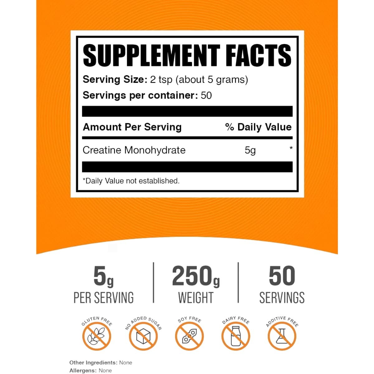 Tabla nutricional del suplemento BulkSupplements Monohidrato de Creatina Micronizado 250g