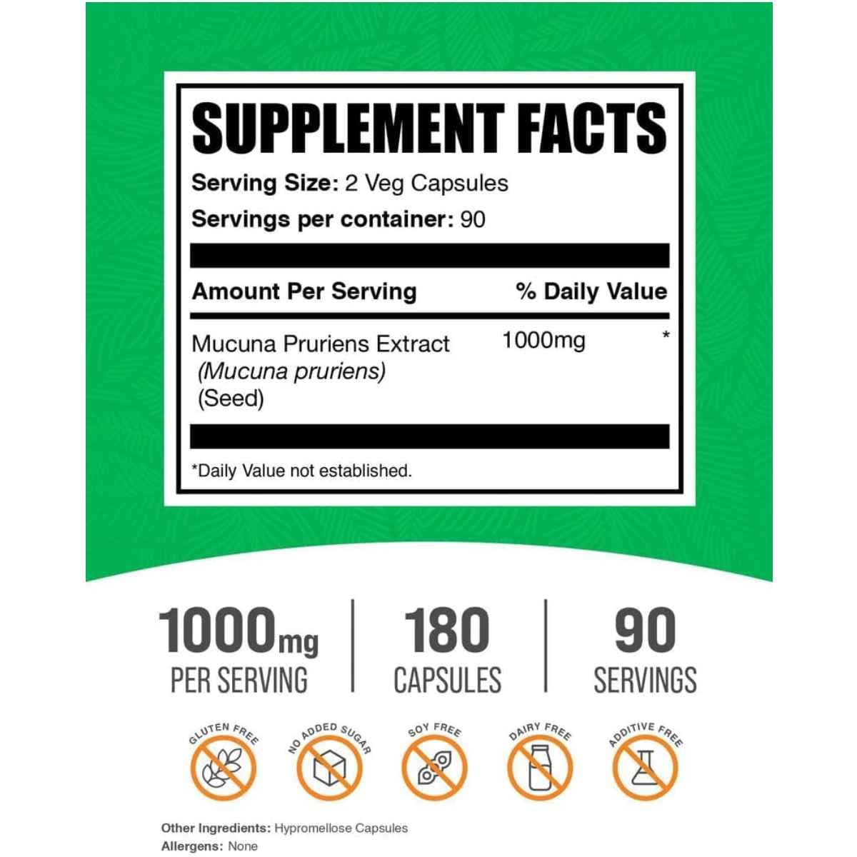 Etiqueta Supplement Facts de BulkSupplements Mucuna Pruriens con información de porción y contenido por cápsulas