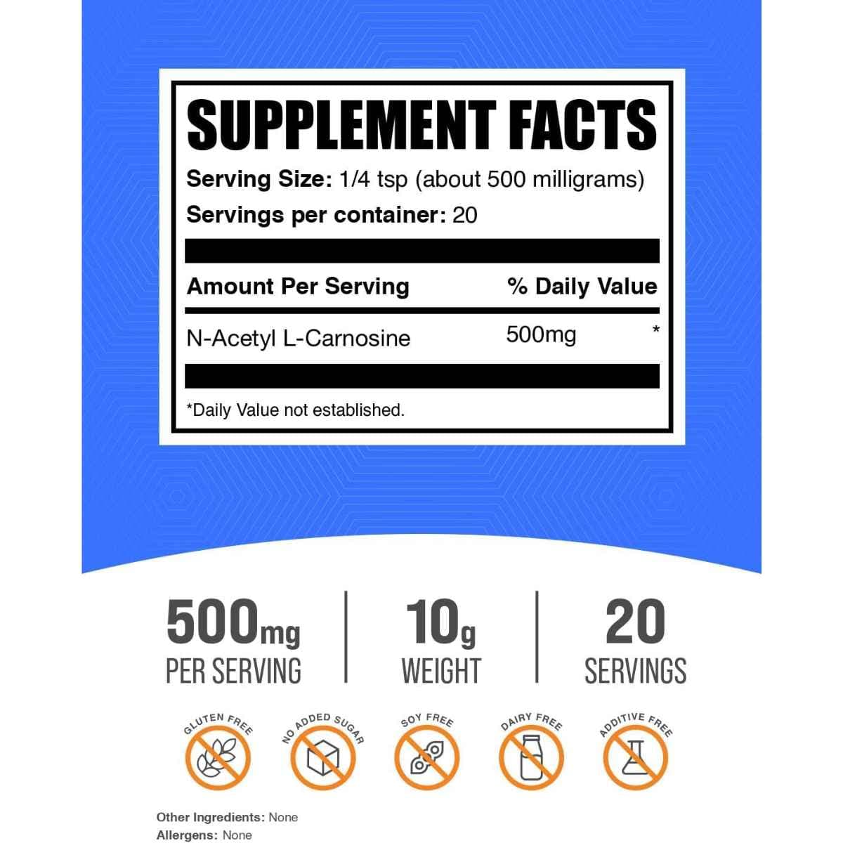 Tabla nutricional del suplemento BulkSupplements.com N-Acetil L-Carnosina 10 g