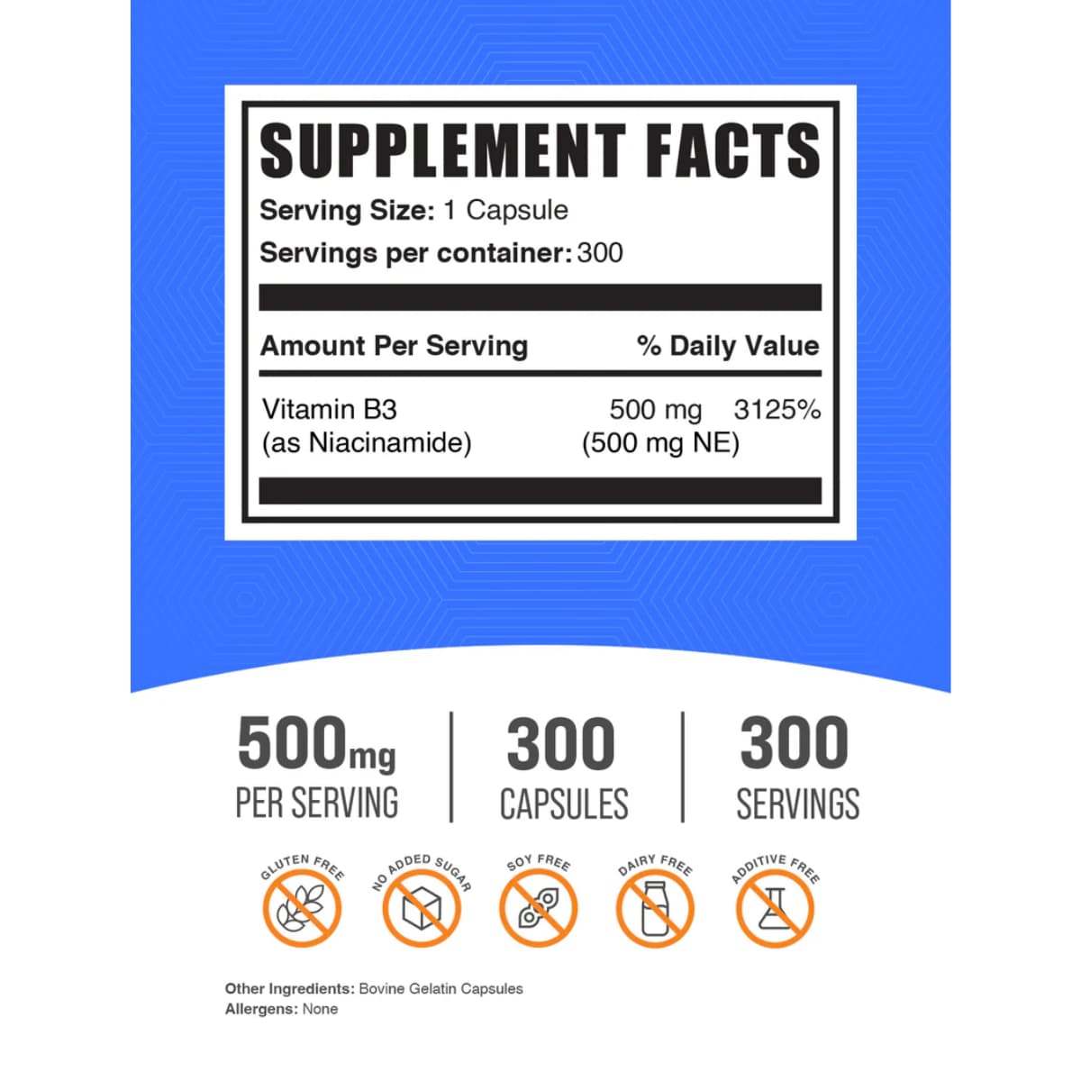 Tabla nutricional del suplemento BulkSupplements Niacinamida 500 mg 300 cápsulas