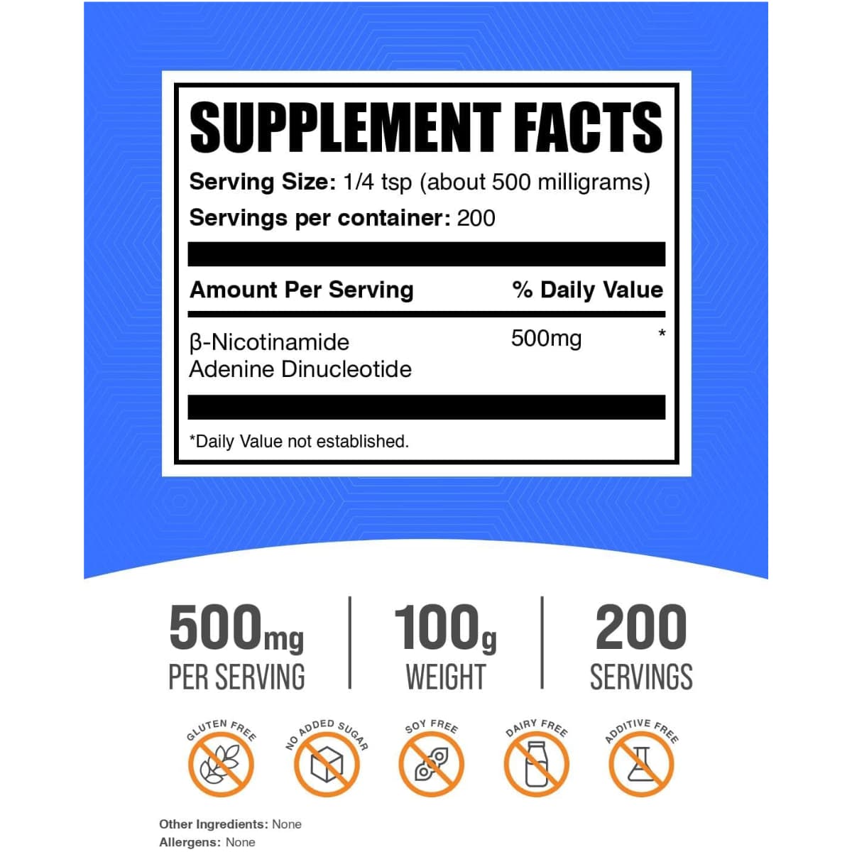 Tabla nutricional del suplemento BulkSupplements Nicotinamida Adenina Dinucleótido 100 g polvo