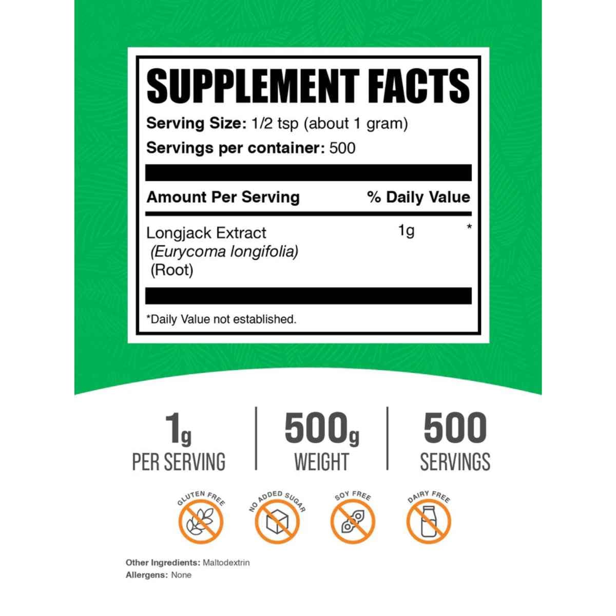 Panel de información del suplemento de BulkSupplements Tongkat Ali Longjack en polvo en presentación de 500 g