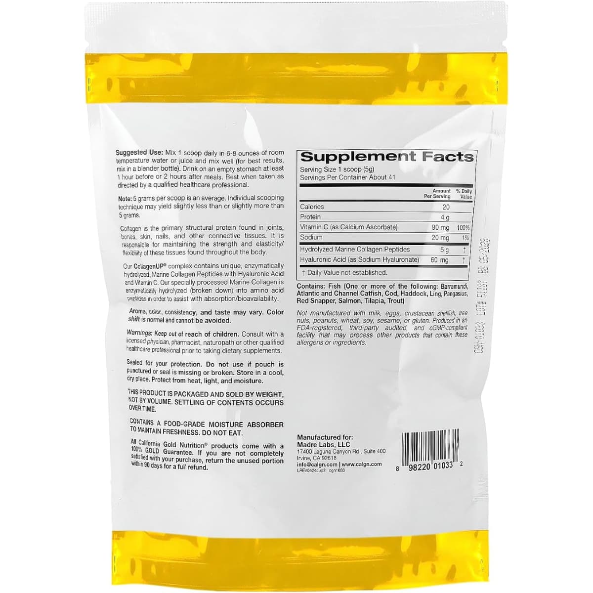 Tabla nutricional del suplemento California Gold Nutrition CollagenUP Colágeno Marino 206 g