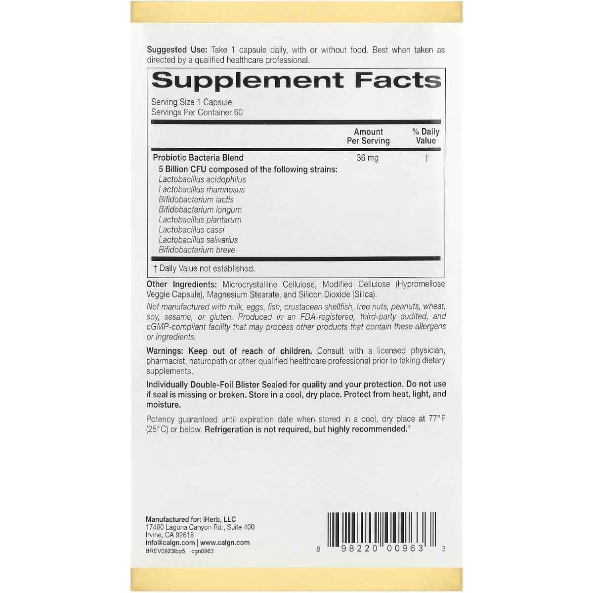 Tabla nutricional del suplemento California Gold Nutrition LactoBif® 5 Probióticos 5 Mil Millones UFC 60 Cápsulas Vegetales