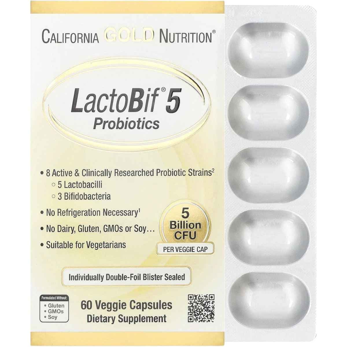 Empaque de suplemento California Gold Nutrition LactoBif® 5 Probióticos 5 Mil Millones UFC 60 Cápsulas Vegetales