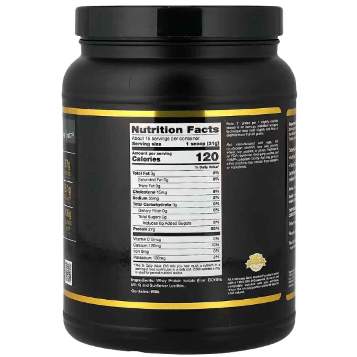 Vista posterior de California Gold Nutrition Sport aislado de proteína de suero con información nutricional e ingredientes