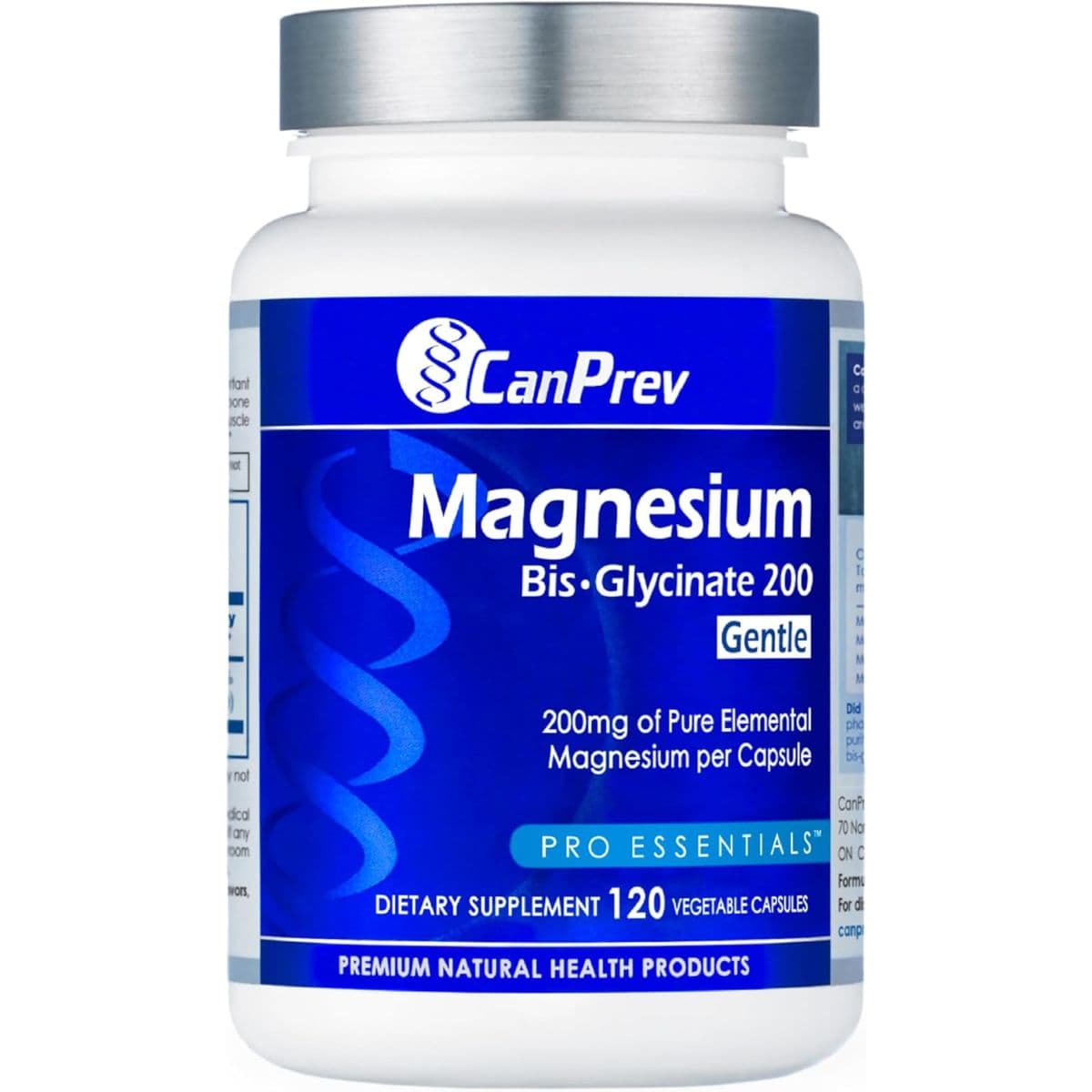 Frasco frontal de CanPrev Bisglicinato de magnesio 200 Gentle, 120 cápsulas.