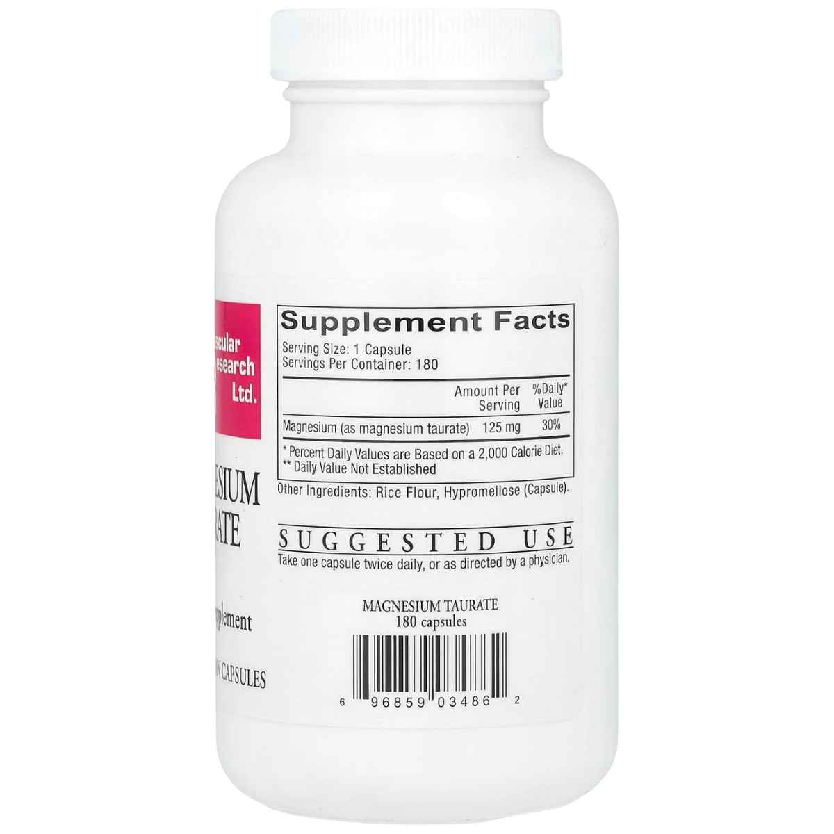 Información del suplemento de Cardiovascular Research taurato de magnesio, 180 cápsulas