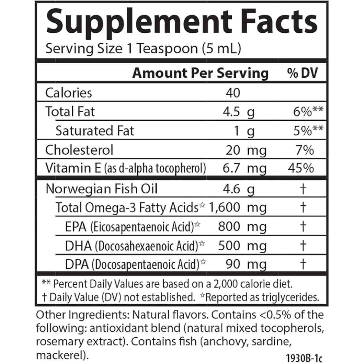Tabla de suplementos de Carlson aceite de pescado Omega 3 líquido sabor durazno, presentación de 6.7 fl oz / 200 mL, con porción de 1 cucharadita y Omega 3 declarado.