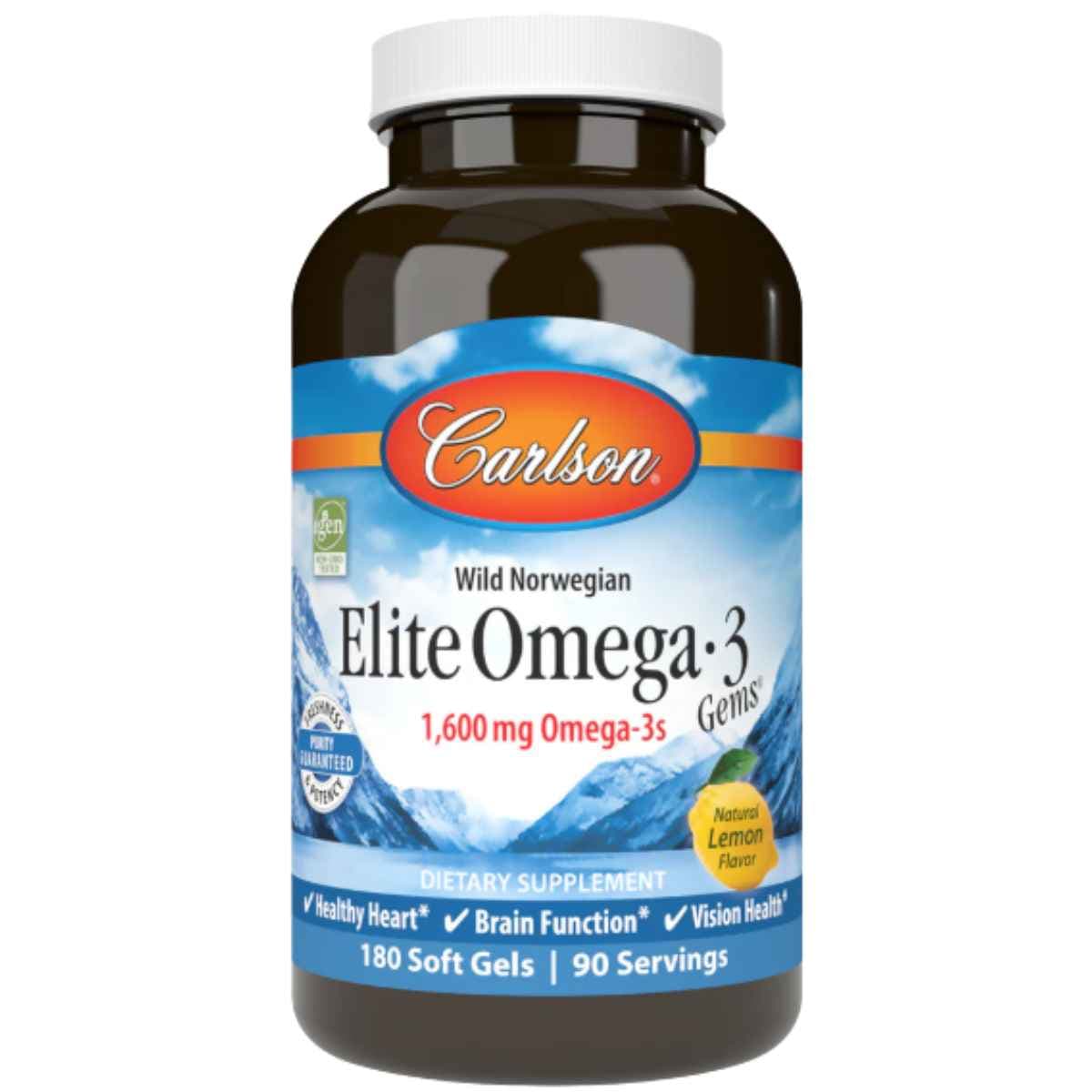 Frasco frontal de Carlson Elite Omega-3 Gems de 180 cápsulas blandas