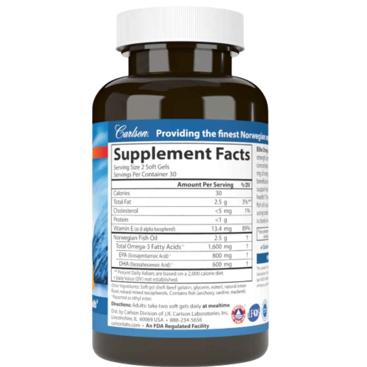 Etiqueta posterior de Carlson Elite Omega-3 Gems de 60 cápsulas blandas
