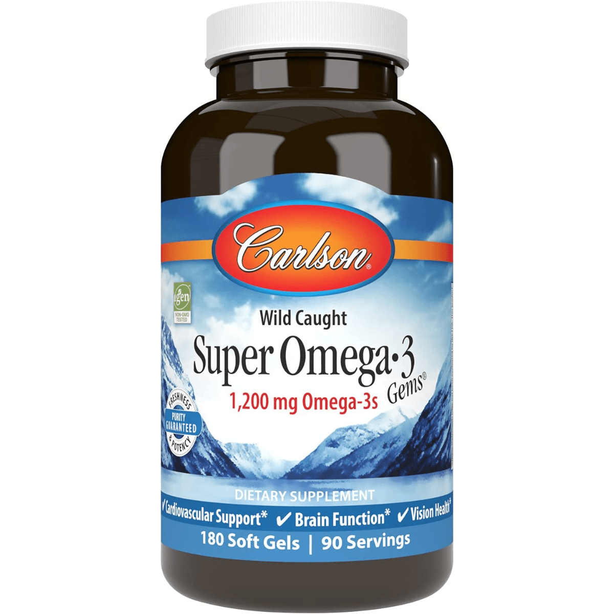 Frasco frontal de Carlson Super Omega-3 Gems de 180 cápsulas blandas