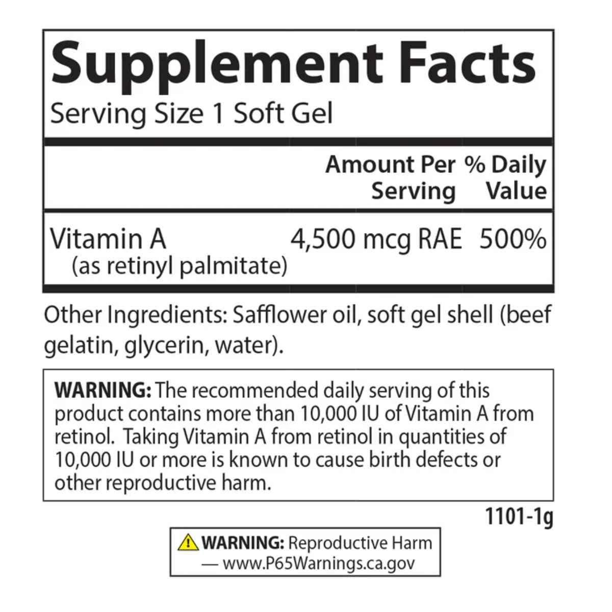 Tabla nutricional del suplemento Carlson Vitamina A Palmitato 120 cápsulas blandas