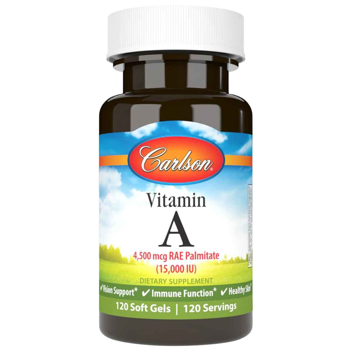 Frasco de suplemento Carlson Vitamina A Palmitato 120 cápsulas blandas