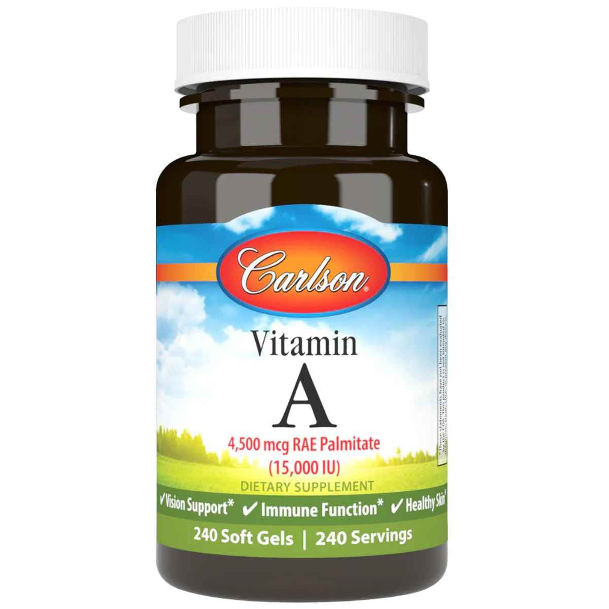 Frasco de suplemento Carlson Vitamina A Palmitato 240 cápsulas blandas