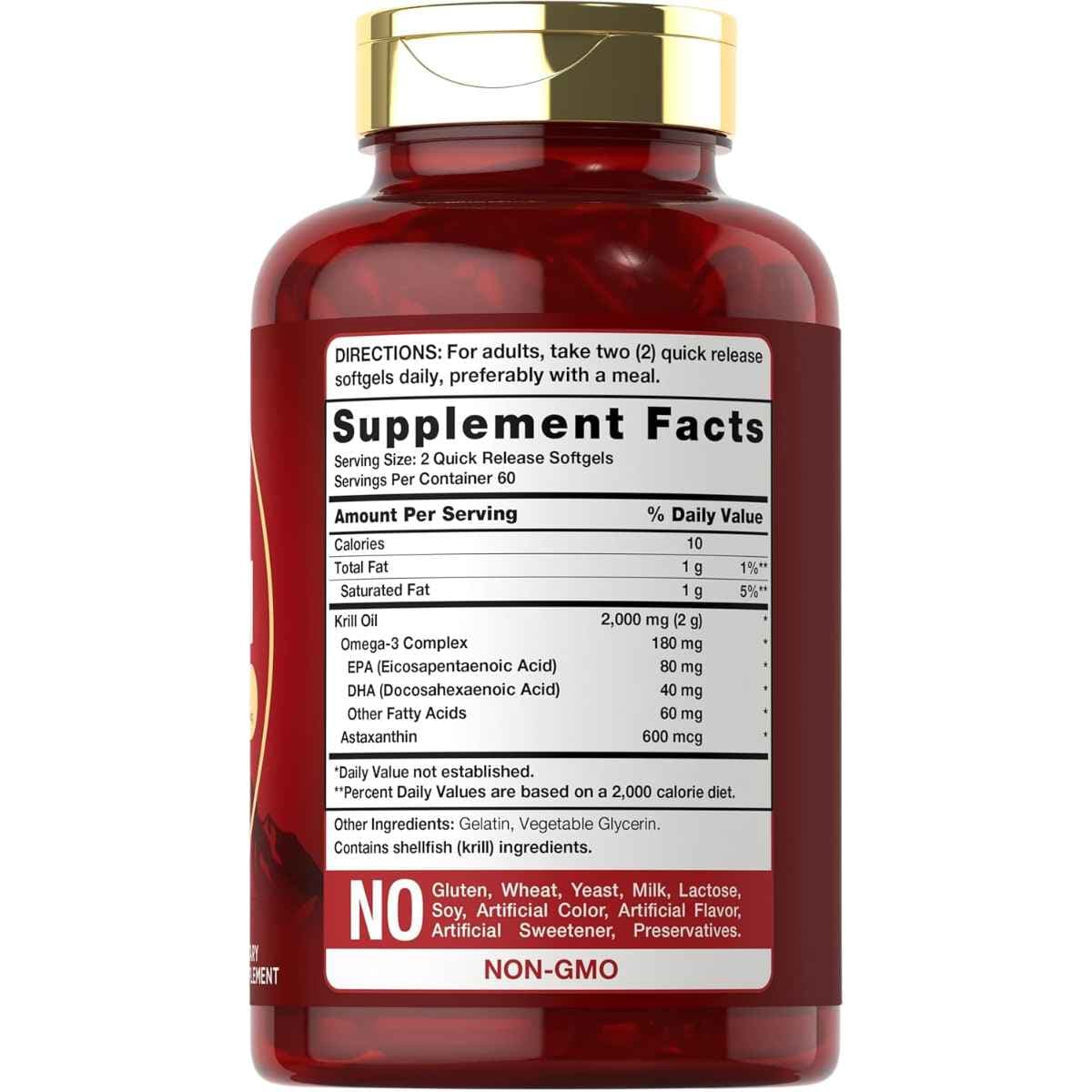 Etiqueta de suplemento de Carlyle aceite de krill antártico 2000 mg, presentación de 120 cápsulas blandas