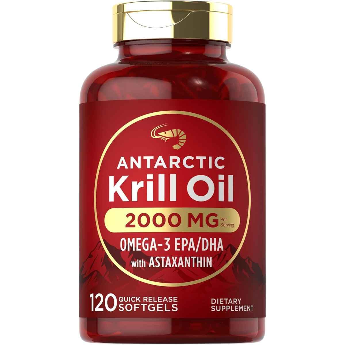 Frasco de suplemento Carlyle Aceite de Krill Antártico 2000 mg 120 cápsulas blandas