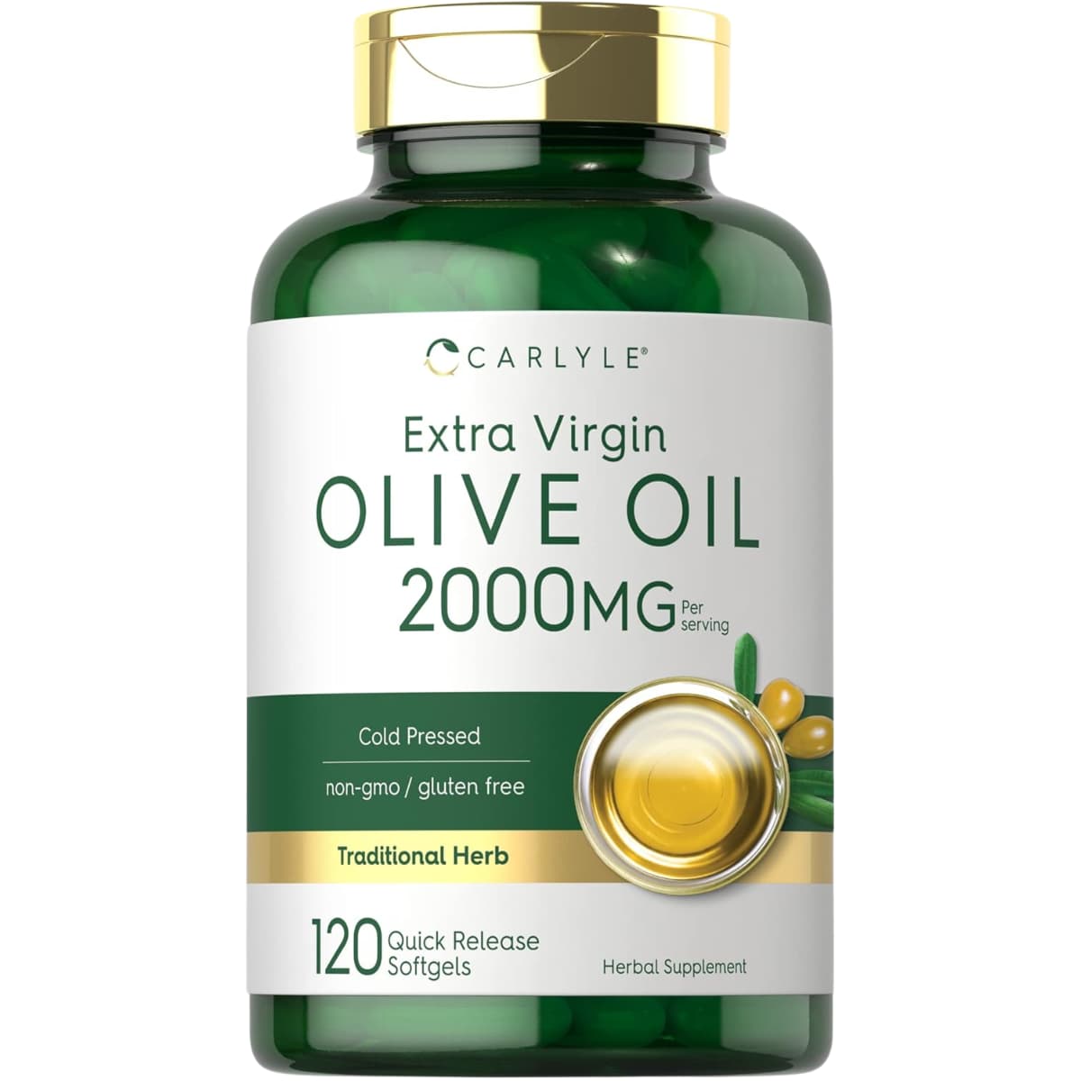 Frasco de suplemento Carlyle Aceite de Oliva Extra Virgen Orgánico 120 cápsulas de gel
