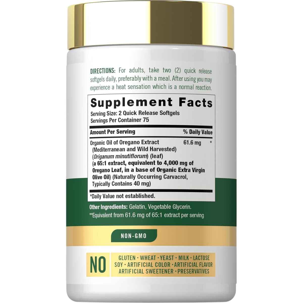 Panel posterior con tabla nutricional y modo de uso de Carlyle aceite de orégano 4000 mg con 150 cápsulas blandas