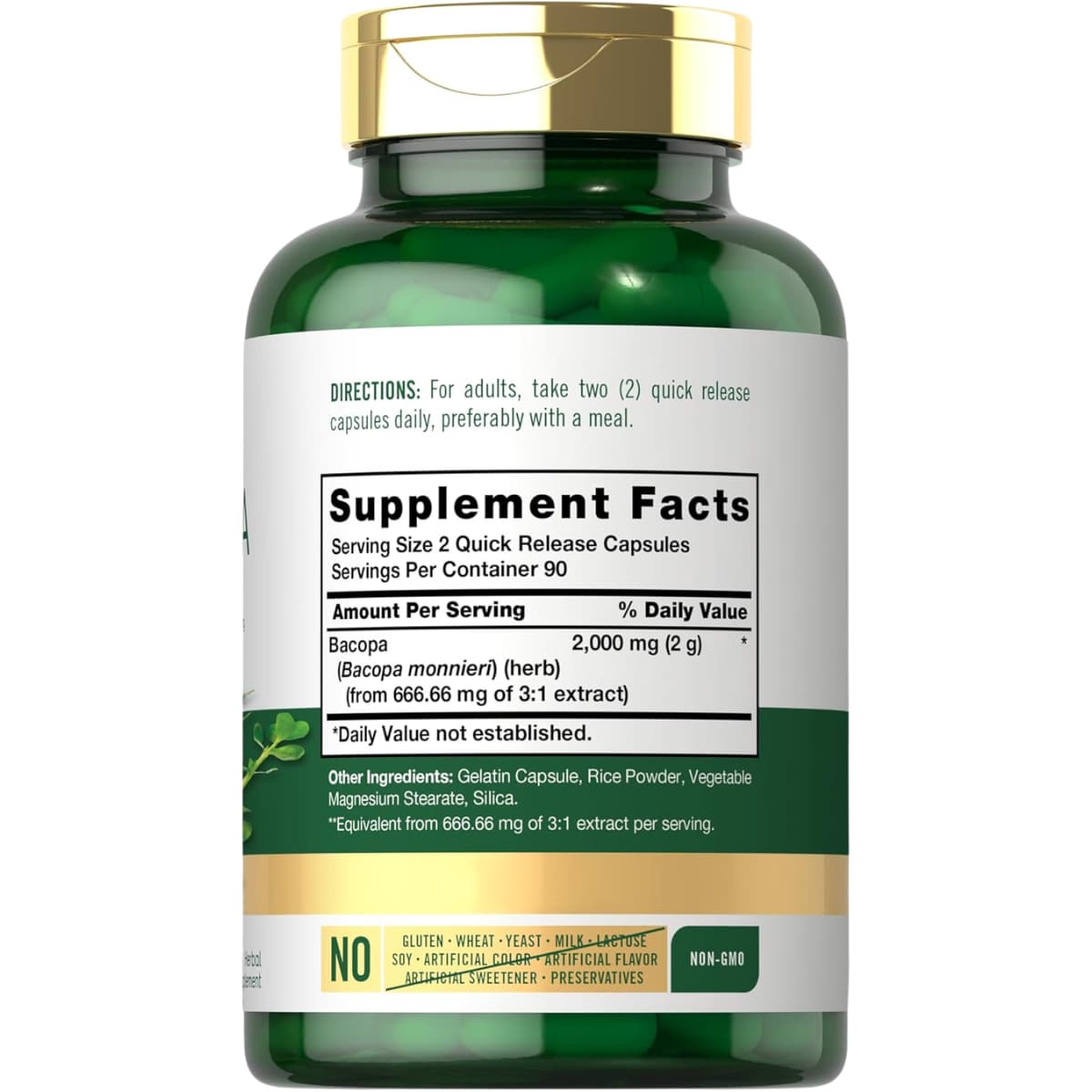 Tabla nutricional del suplemento Carlyle Bacopa Monnieri 2000 mg 180 cápsulas