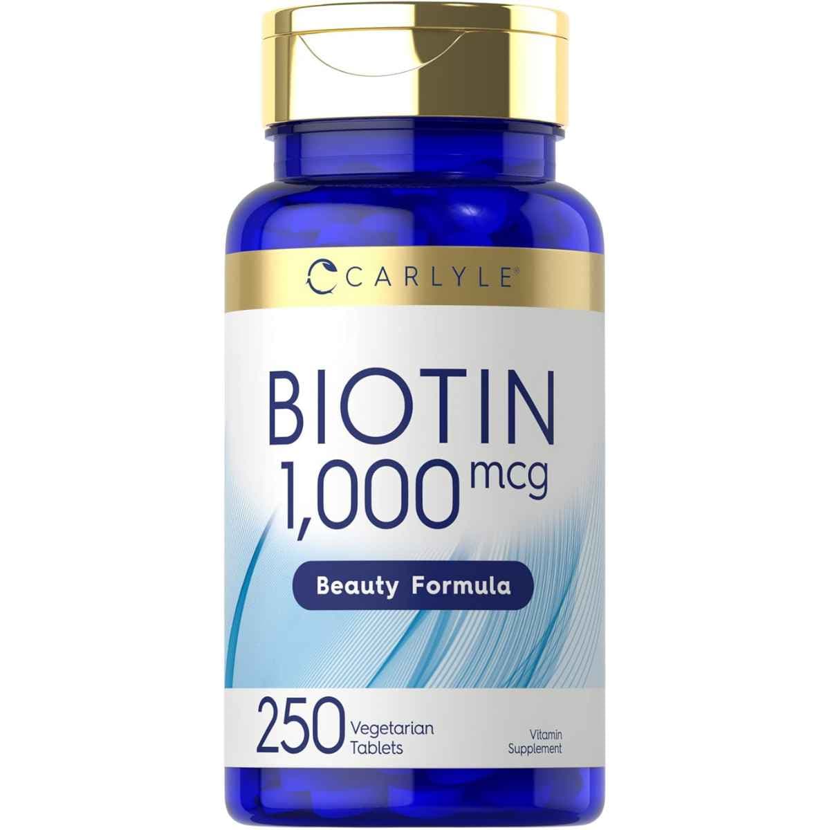 Frasco de suplemento Carlyle Biotina 1000 mcg 250 tabletas