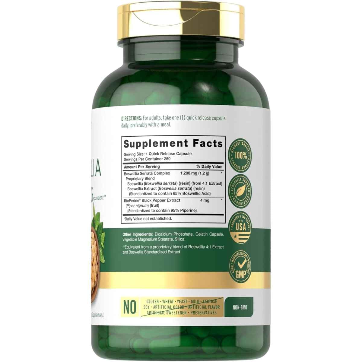 Etiqueta Supplement Facts de Carlyle Boswellia 1200 mg con 250 cápsulas