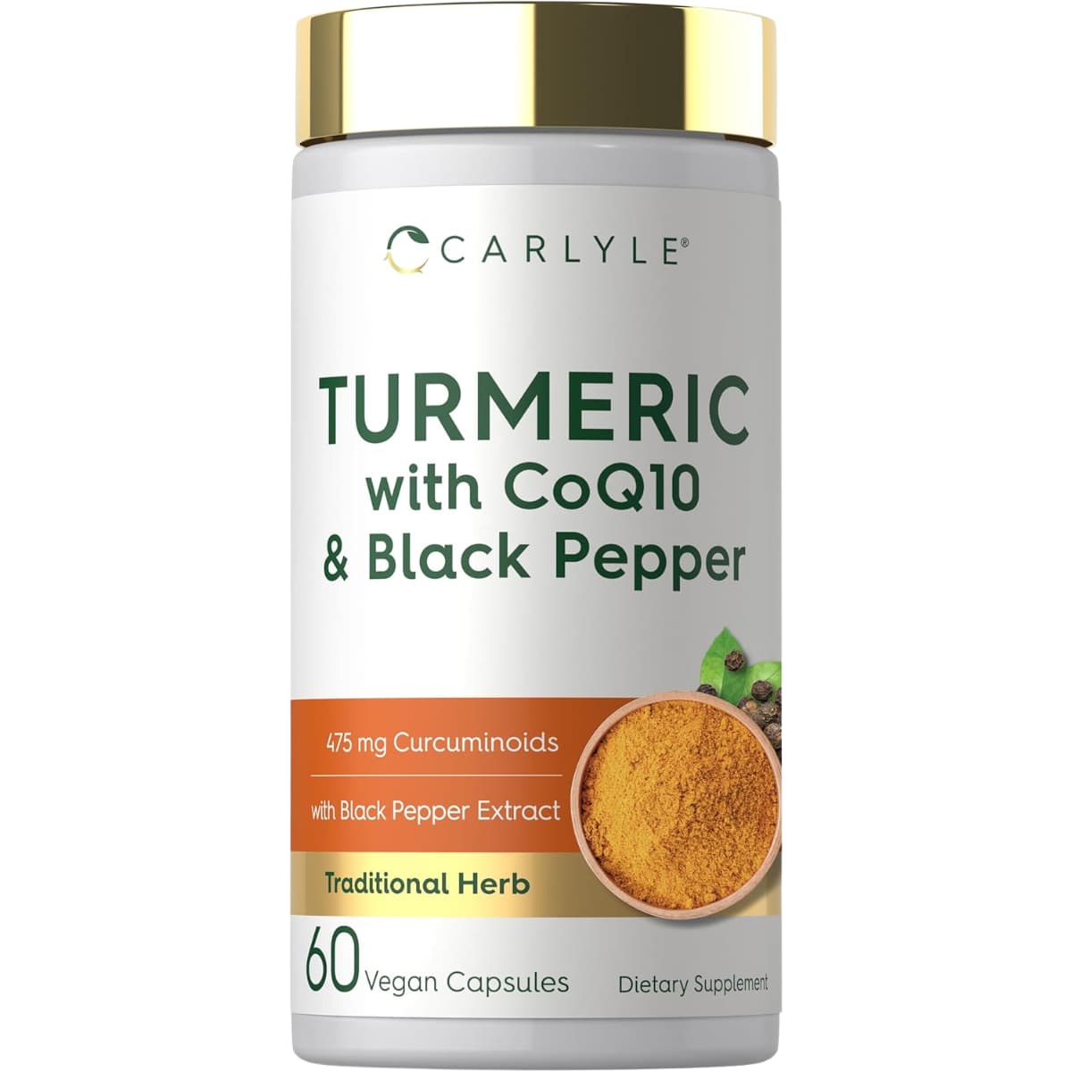 Frasco de suplemento Carlyle Cúrcuma con CoQ10 y Pimienta Negra 60 cápsul