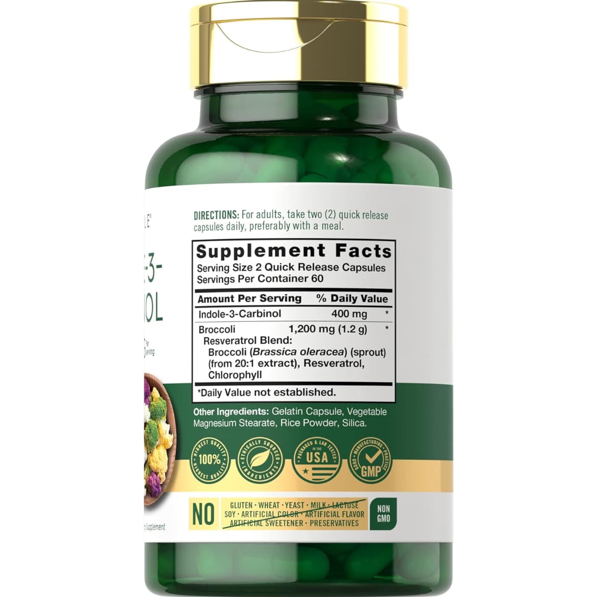 Tabla nutricional del suplemento Carlyle Indole-3-Carbinol 400 mg 120 cápsulas