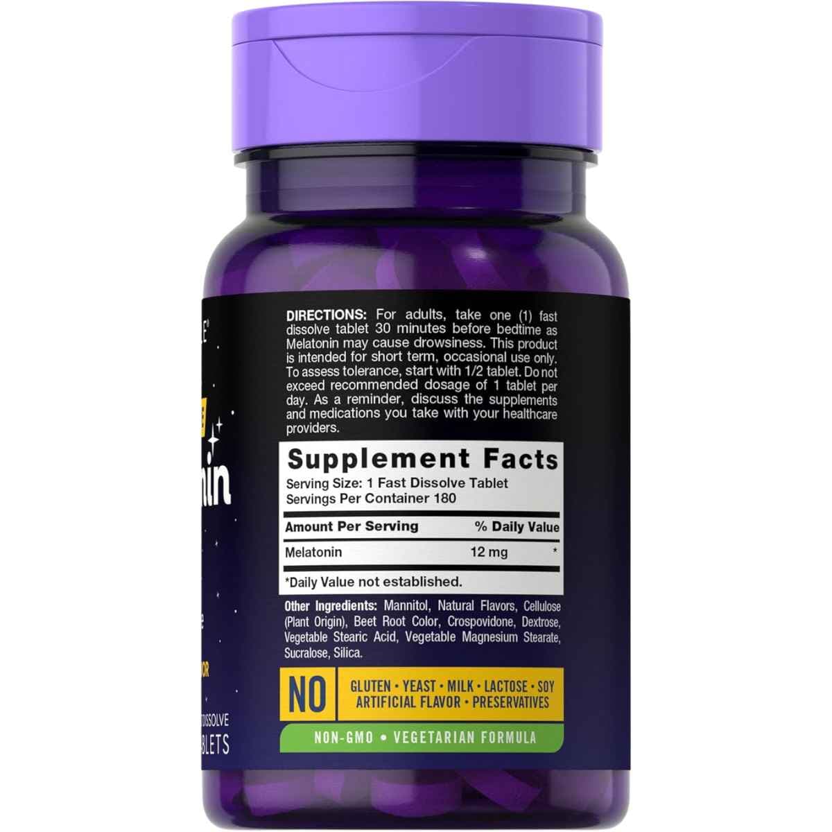 Tabla nutricional del suplemento Carlyle Melatonina Sabor a Bayas 12 mg 180 tabletas de disolución rápida