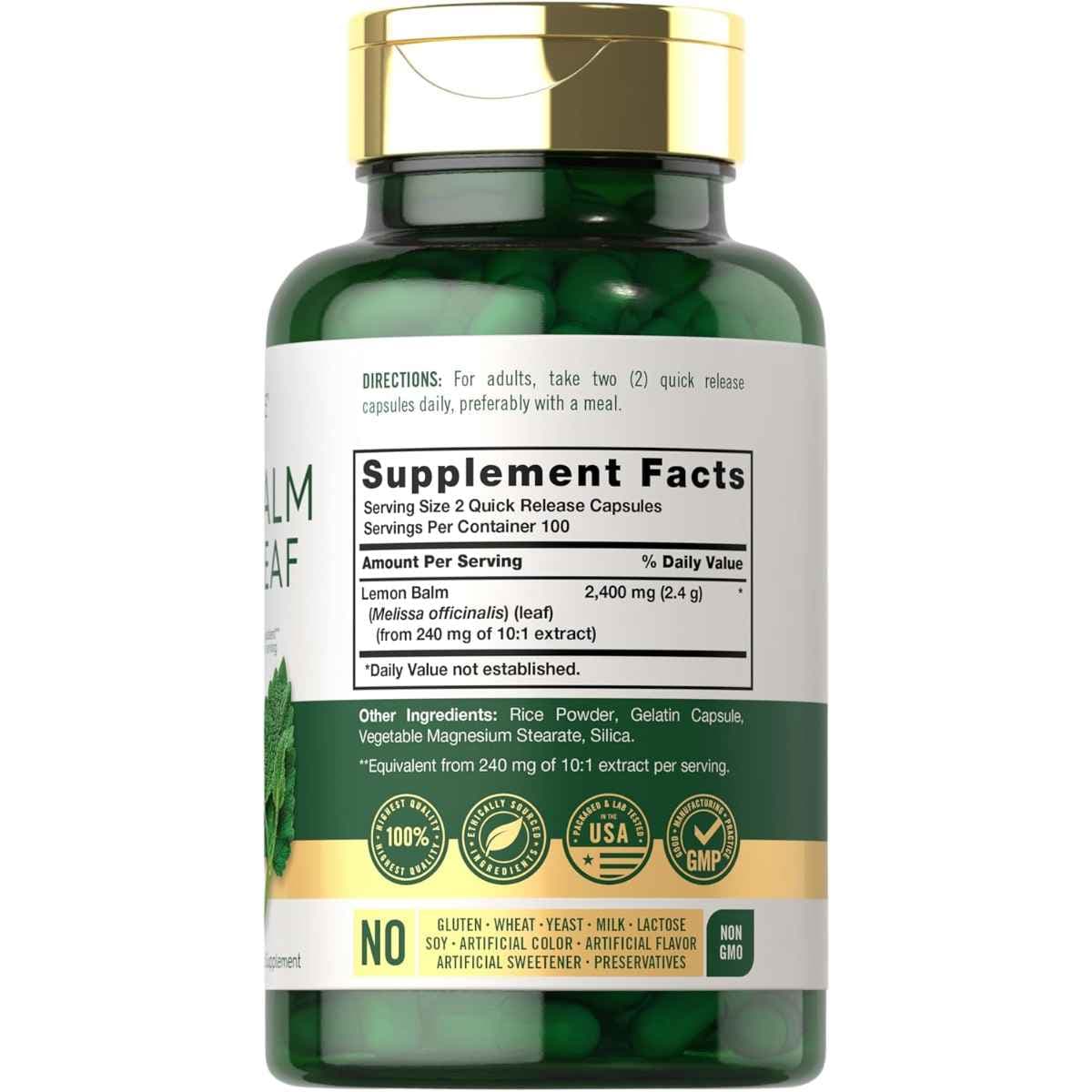 Tabla nutricional del suplemento Carlyle Melisa 2400 mg 200 cápsulas
