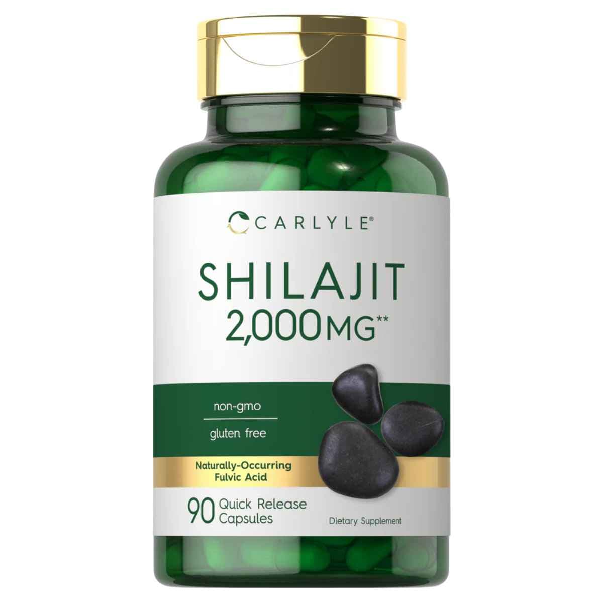 Frasco de suplemento Carlyle Shilajit 2000 mg 90 cápsulas
