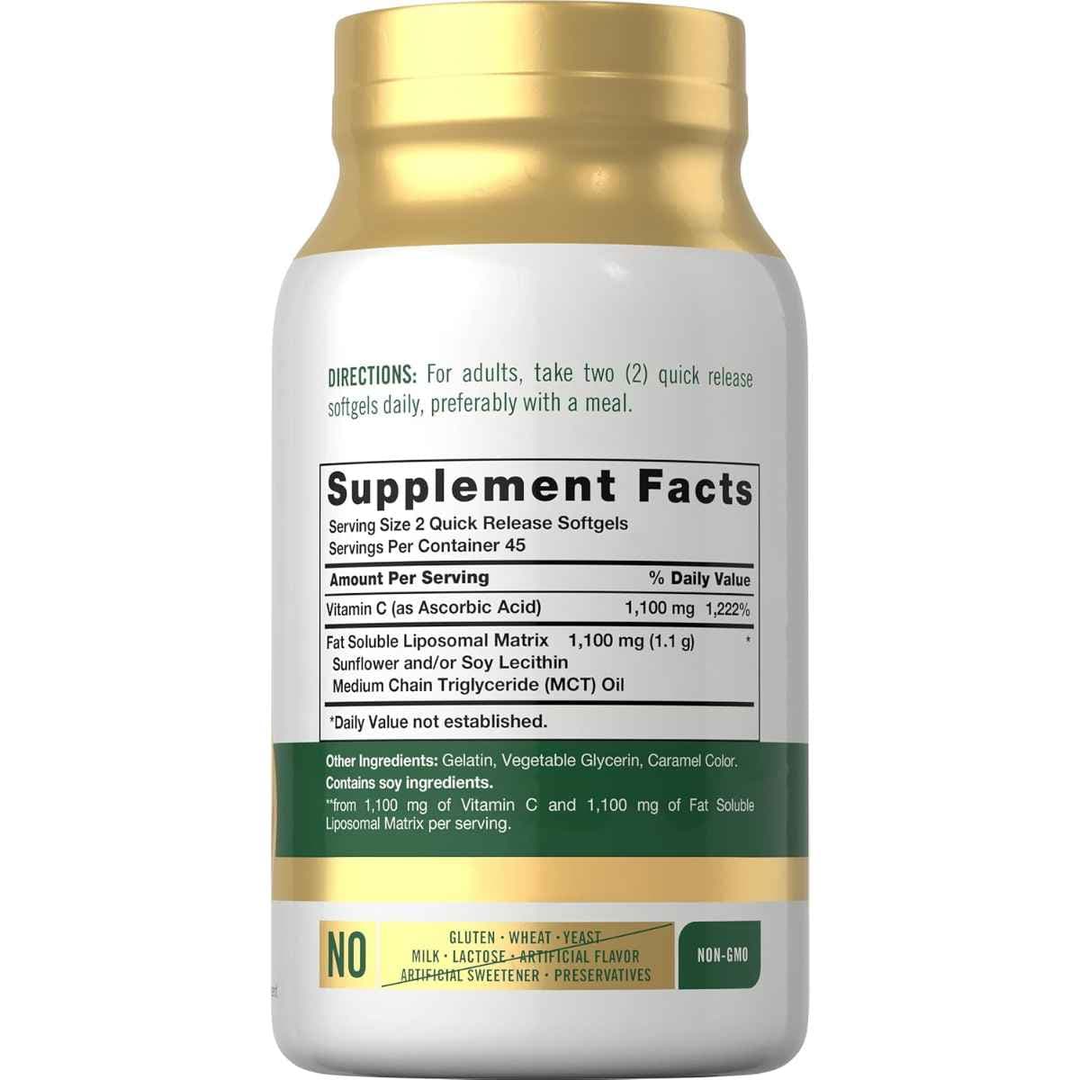 Tabla nutricional del suplemento Carlyle Vitamina C Liposomal 2200 mg 90 cápsulas blandas