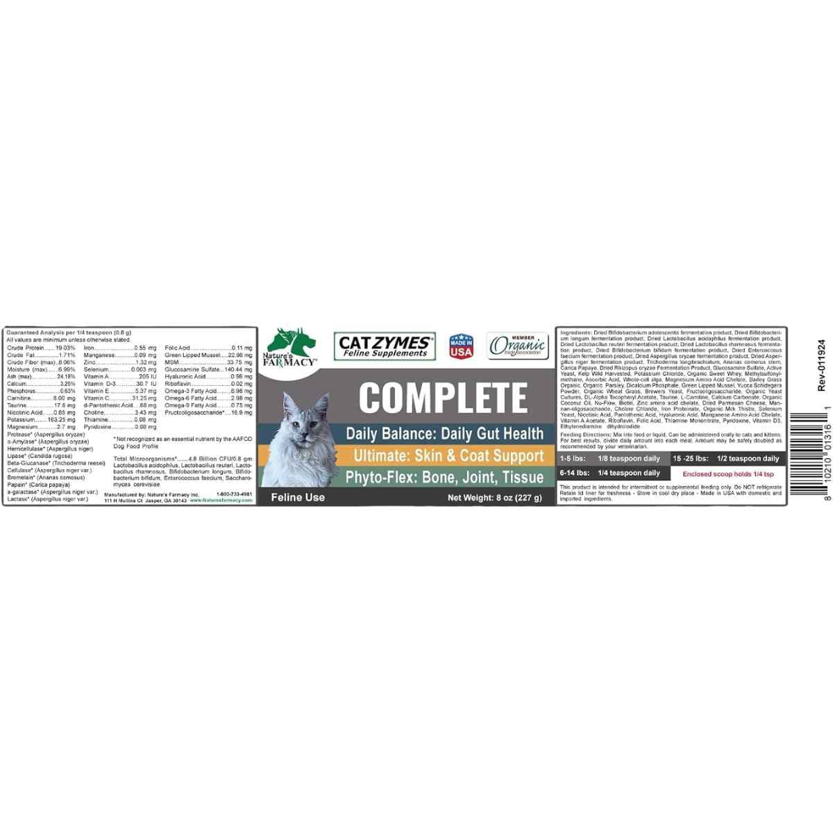 Etiqueta de Nature's Farmacy Catzymes Complete para gatos, presentación de 8 oz