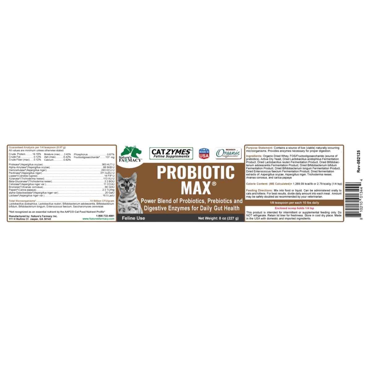 Etiqueta de Catzymes Probiótico Max 227 g con análisis garantizado e instrucciones