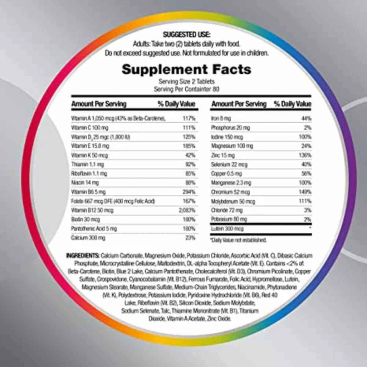 Tabla nutricional del suplemento Centrum Multivitamínico Minis para Mujer 280 tabletas