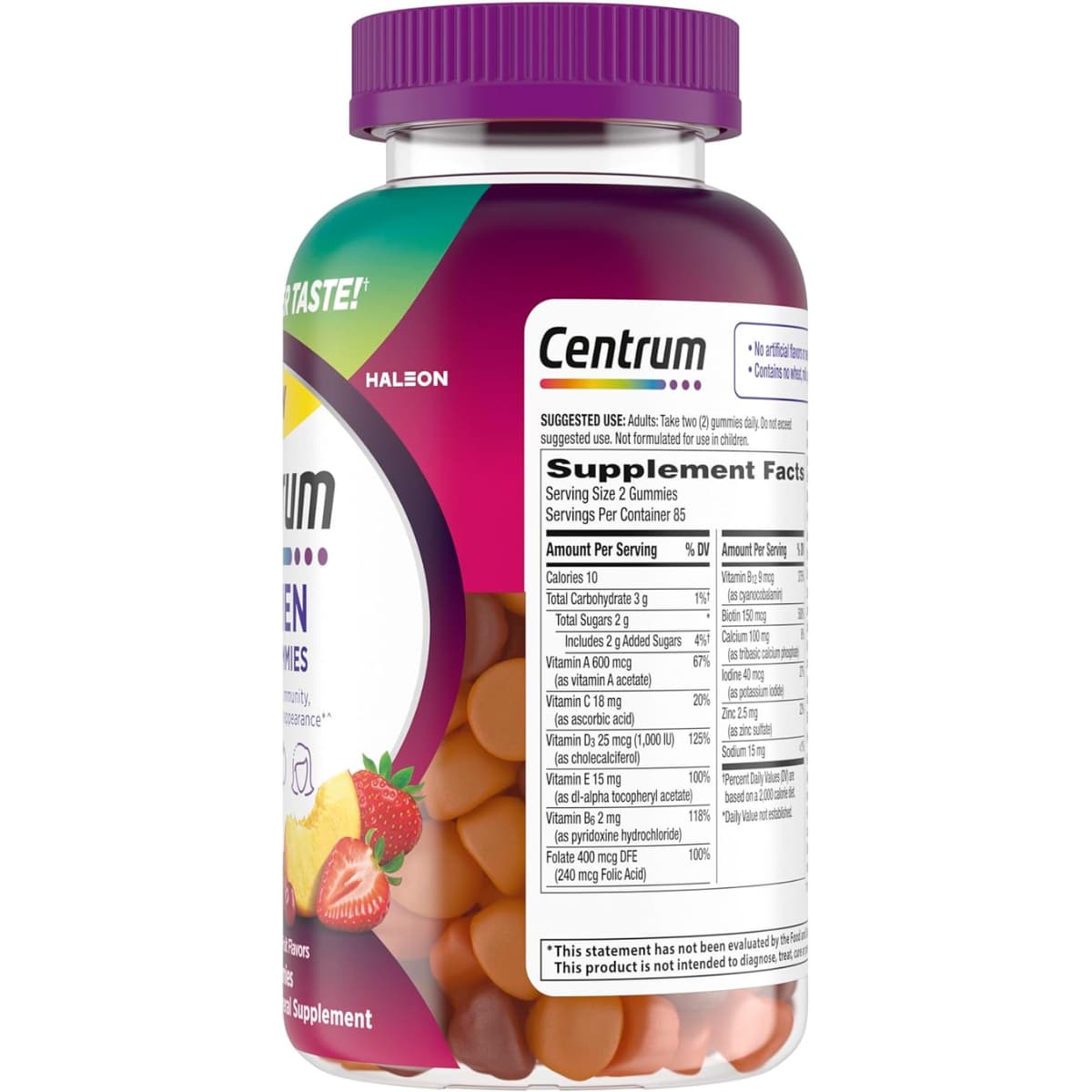Tabla nutricional del suplemento Centrum Multivitamínico para Mujeres Frutas Surtidas 170 gomitas
