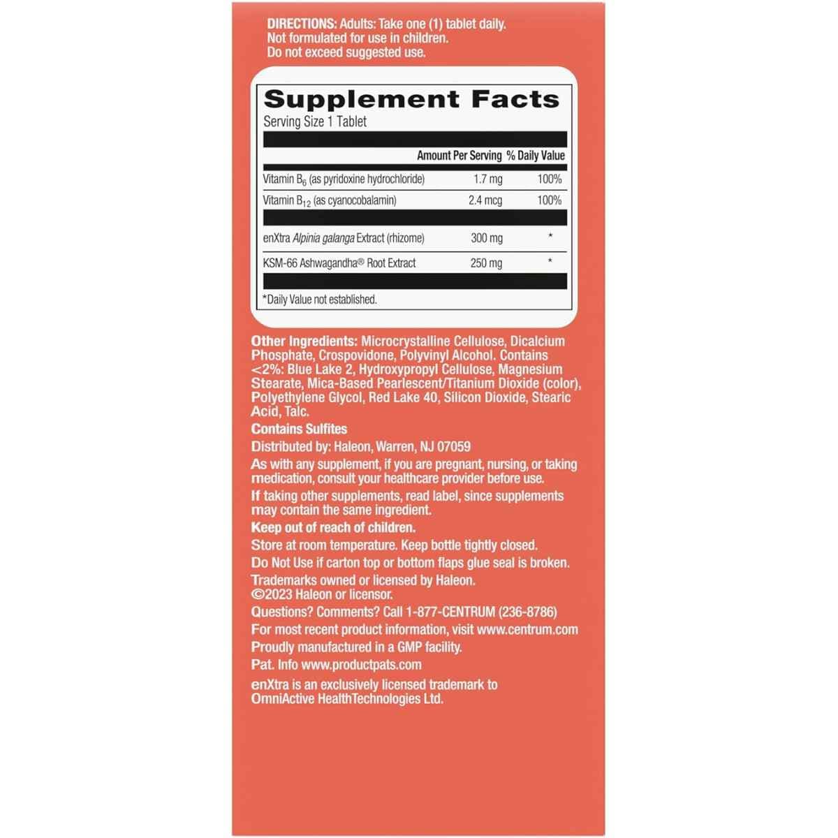 Tabla nutricional del suplemento Centrum Soporte Menopausia Mente Clara y Ánimo Calmo 30 tabletas