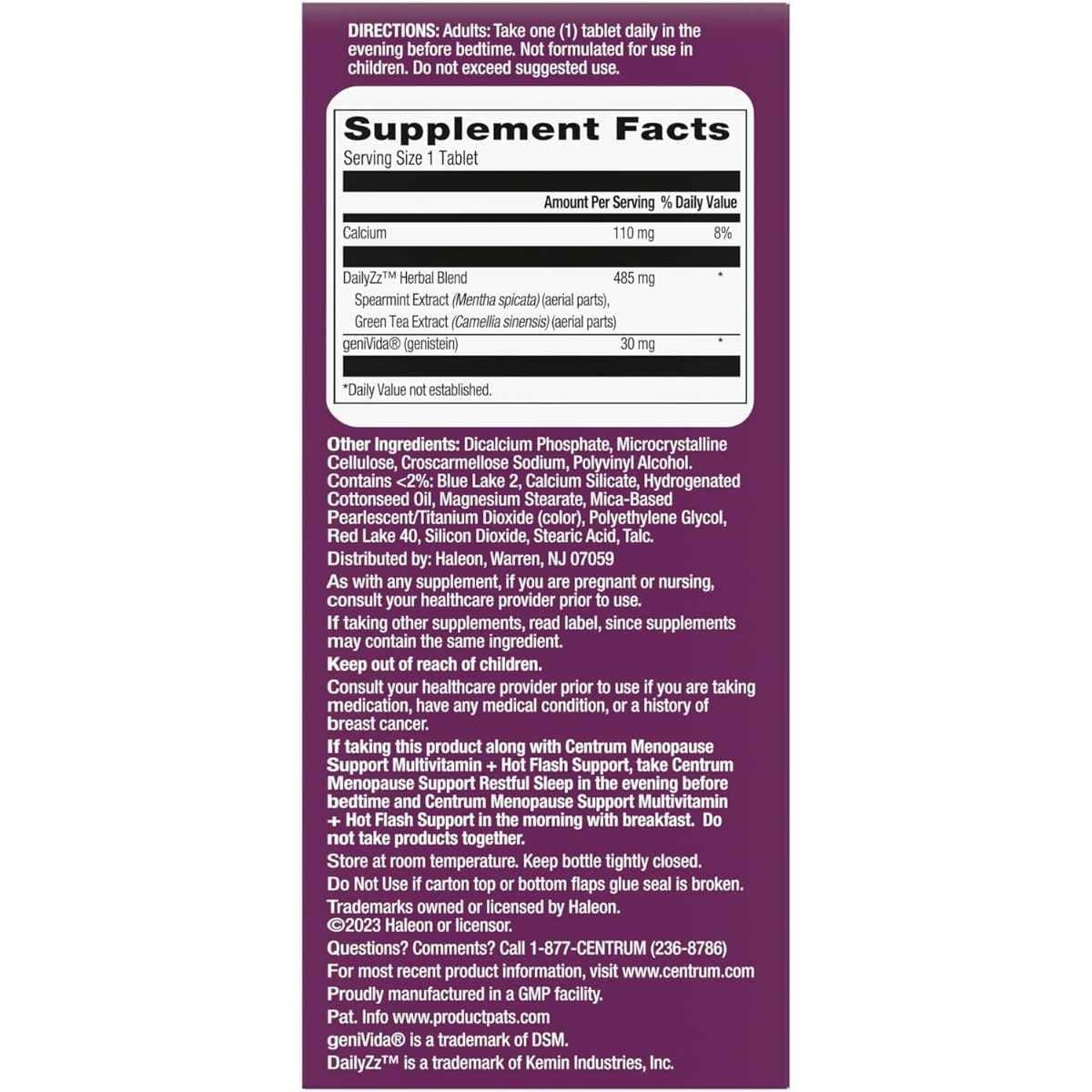 Tabla nutricional del suplemento Centrum Soporte para Menopausia Sueño Reparador 28 Tabletas