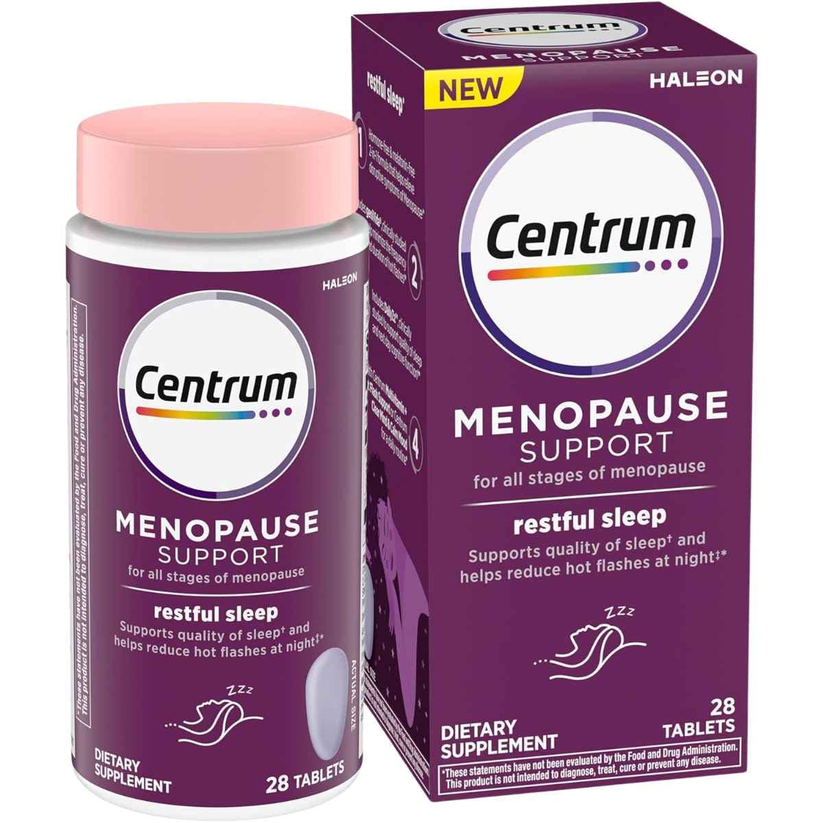 Frasco de suplemento Centrum Soporte para Menopausia Sueño Reparador 28 Tabletas