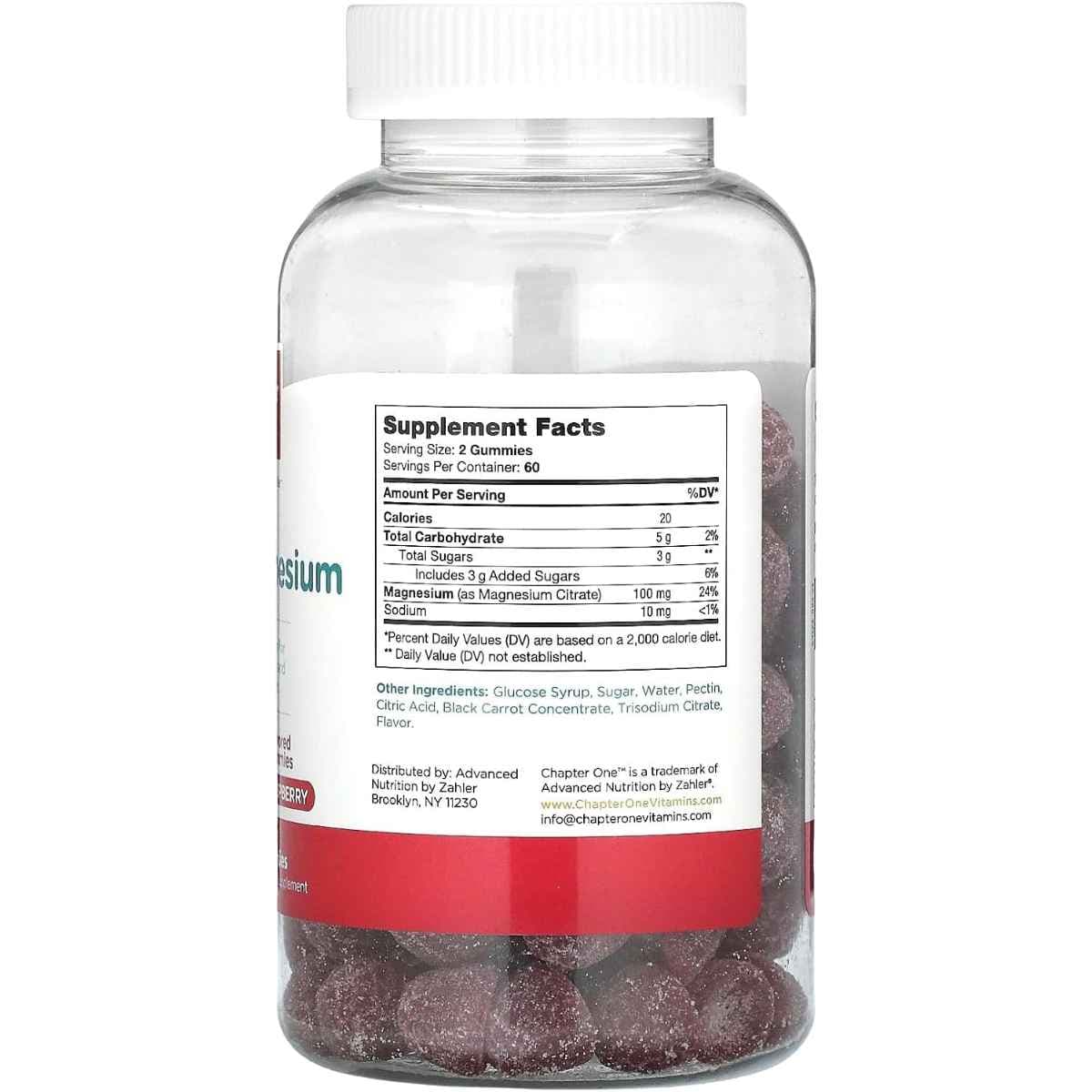 Etiqueta Supplement Facts del magnesio en gomitas Chapter One sabor frambuesa de 120 gomitas